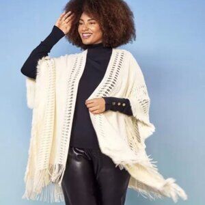 Womens Open Front Knit Poncho With Fringe Hem In Cream, cardigan